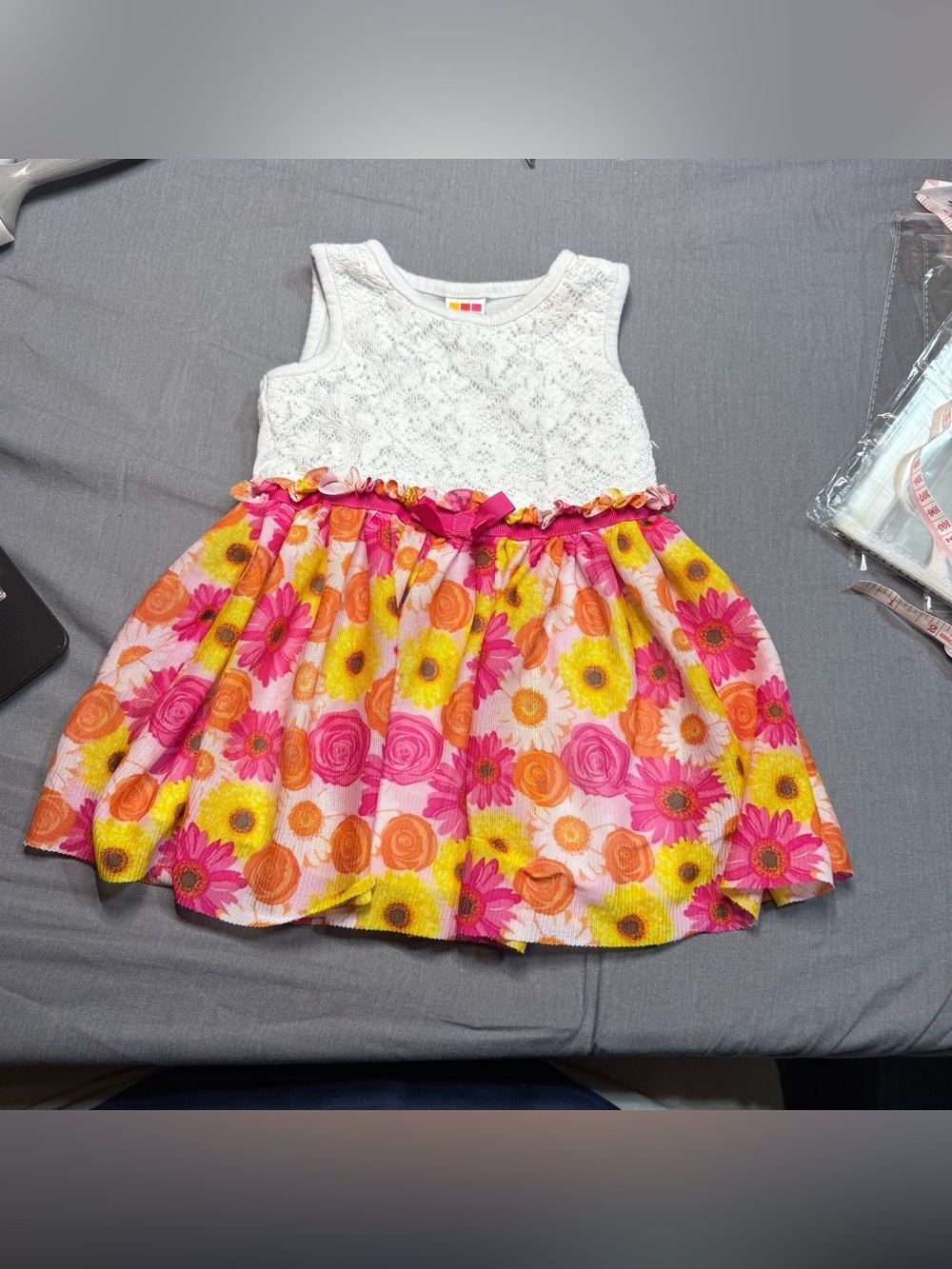 healthtex White Lace Top with Pink, Orange & Yellow Floral Skirt Dress